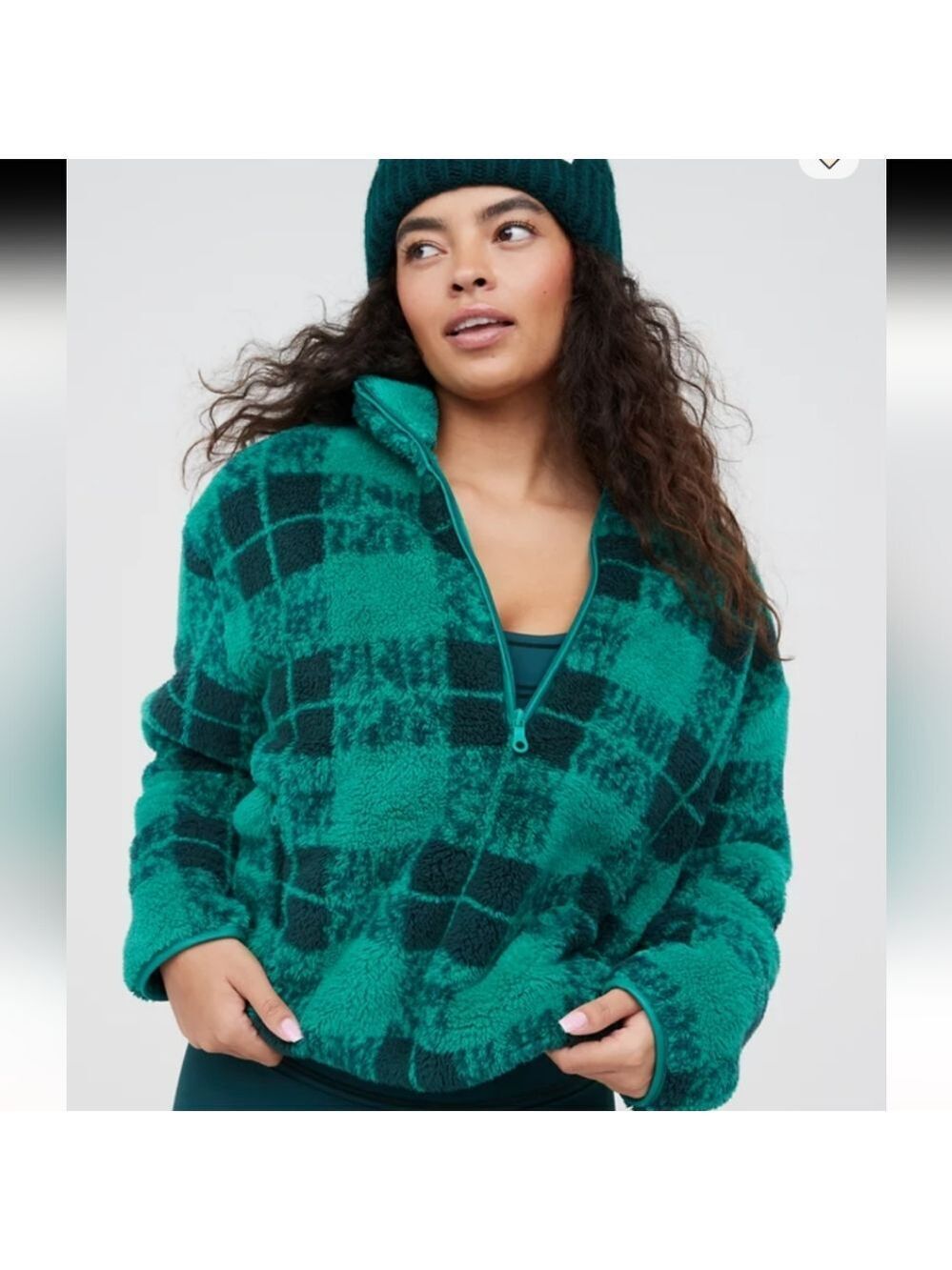 Aerie Offline Fluffy Fleece Quarter Zip Pullover Sweatshirt Green Medium